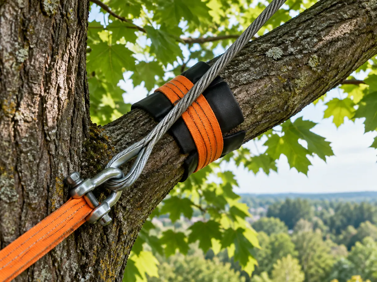 Illustrative image: arborist inspecting a trunk or canopy for a health assessment
